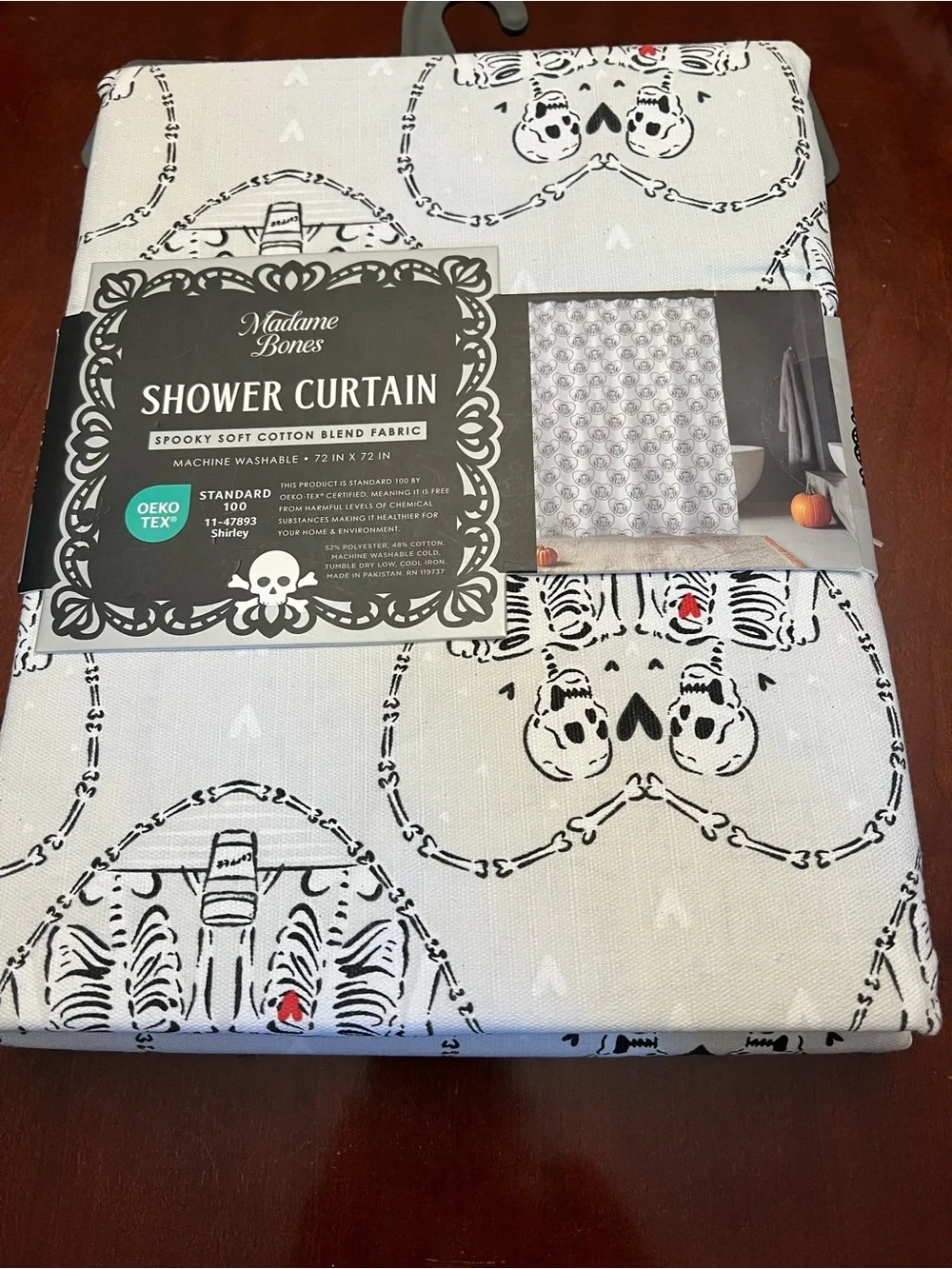 Madame Bones Cream Cotton-Blend Shower Curtain with Heart Skeleton Pattern